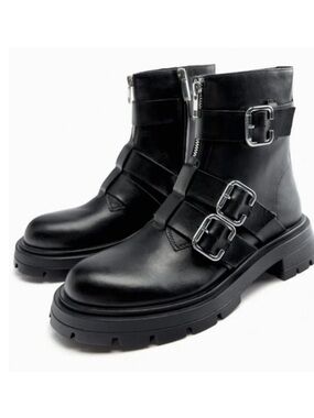 Zara Black Buckle Combat Ankle Boots